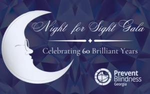 A silver cresent moon with glasses. Text: "Night for Sight Gala. Celebrating 60 Brilliant Years."