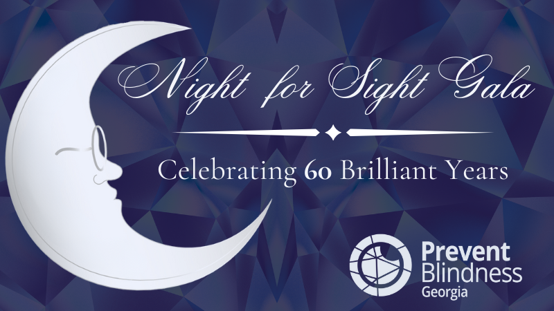 A silver cresent moon with glasses. Text: "Night for Sight Gala. Celebrating 60 Brilliant Years."